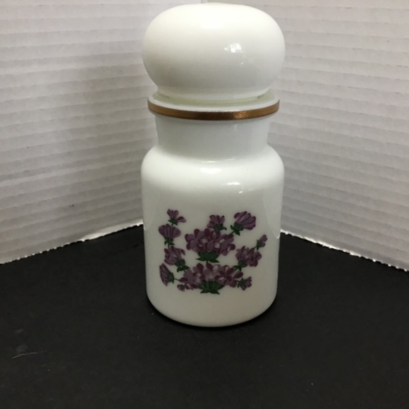Vintage Milk Glass Apothecary Bottle with Purple Flowers, Made in Belgium - Picture 3 of 8